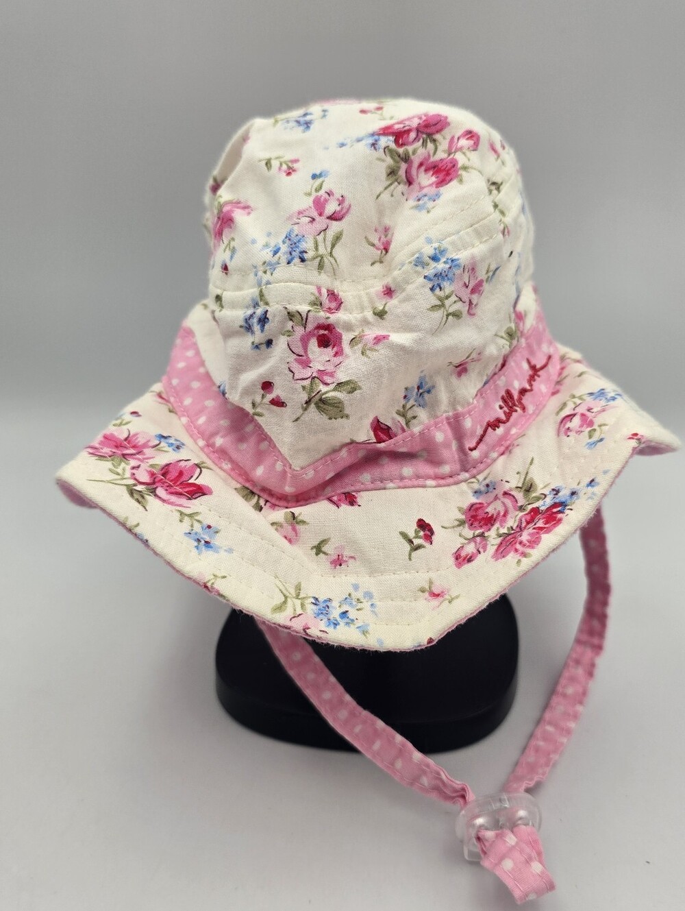 Millymook Girls Pink/White Floral Sun Hat Strap 0-12 Months 100% Cotton